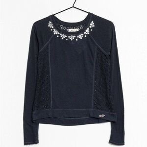 Hollister Navy Embellished and Lace Long Sleeve Tee